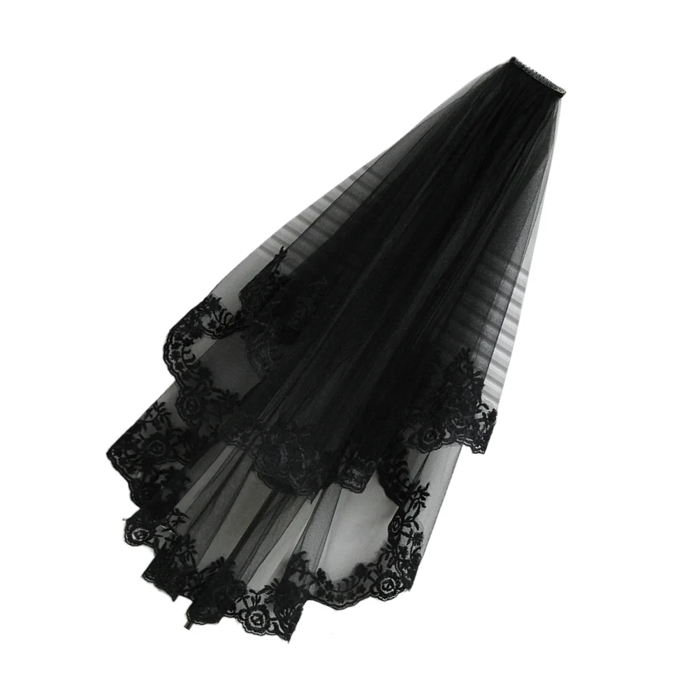 Véu longo de renda preta, acessório de tule para casamento, noiva, elegante para fotografia, cosplay, festa de halloween, noiva, véu de casamento