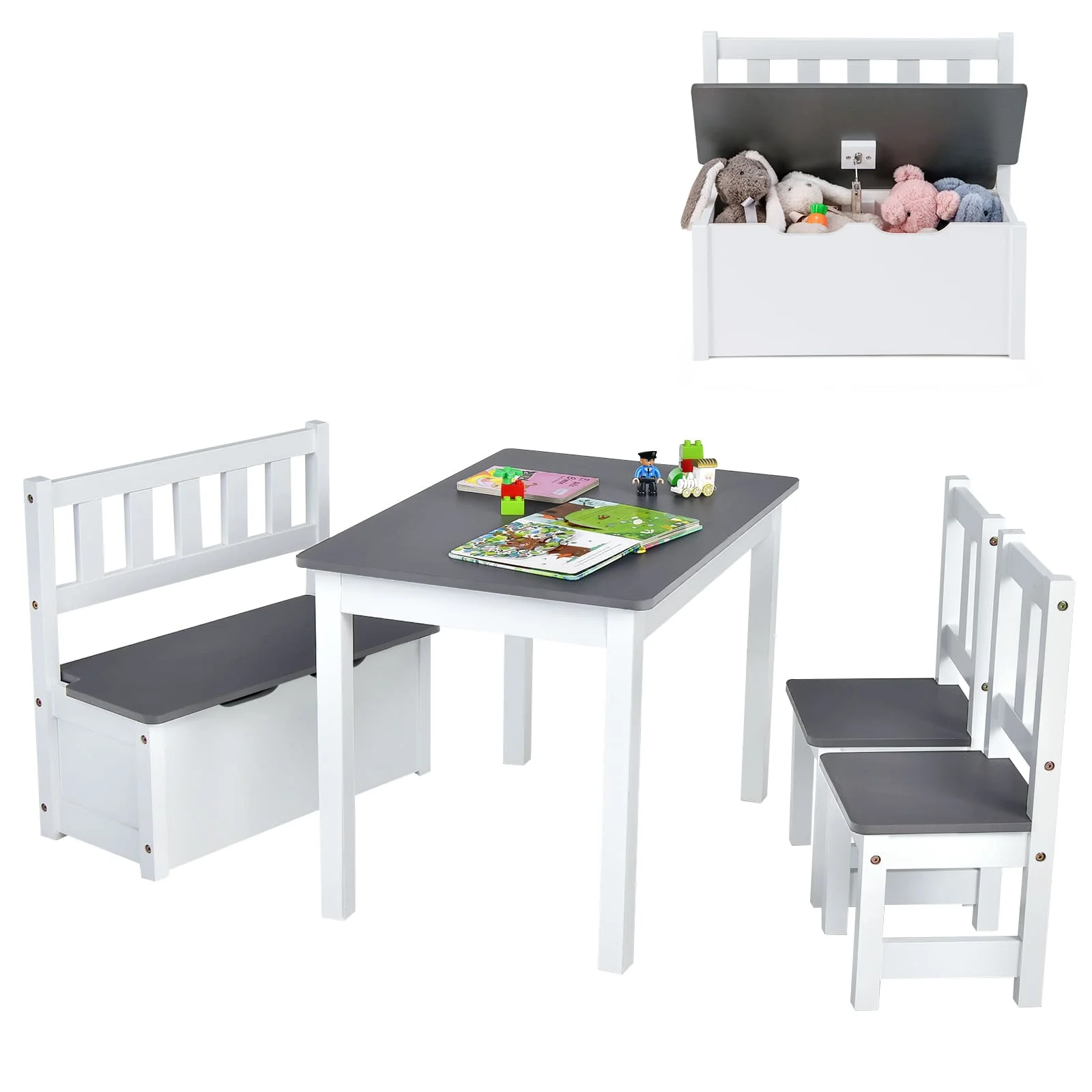 DORTALA 4-Piece Kid Table & Chair Set Multifunctional Kid-Sized Furniture-Grey