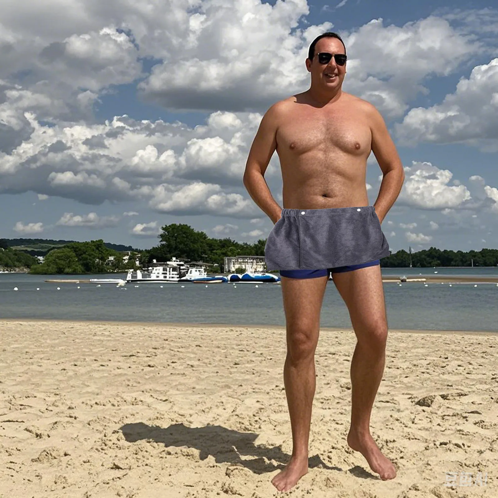 

Men Soft Wearable Bath Towel Grey Elastic Waist Shower Wrap Short Pants Spa Beach Pool Towel with Snap