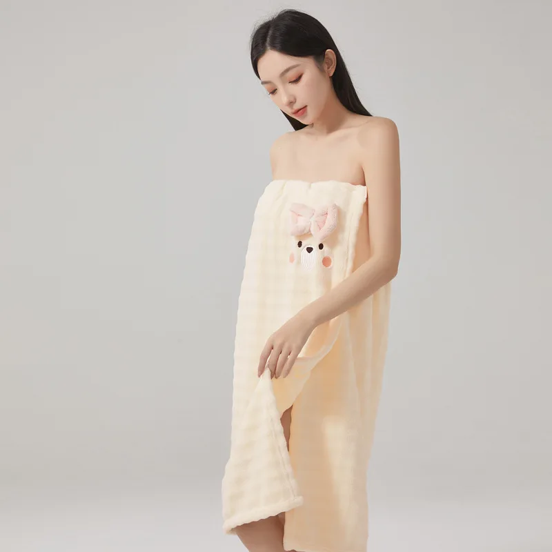 Wearable & Wrap-Around Bath Towel / Bath Skirt with Hair-Drying Cap Featuring Cartoon Character Motifs – Highly Absorbent Coral