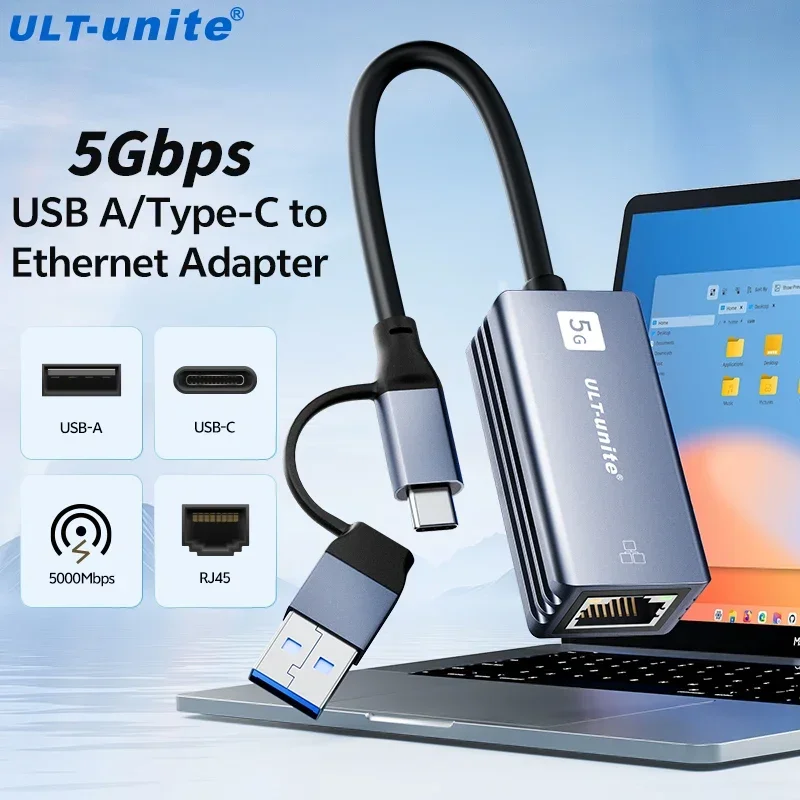 

Ethernet-адаптер USB-C 5 Гбит/с Сетевой преобразователь RJ45 2-в-1 Высокоскоростной адаптер 5000 Мбит/с для Windows и Mac OS Ethernet-карта типа C