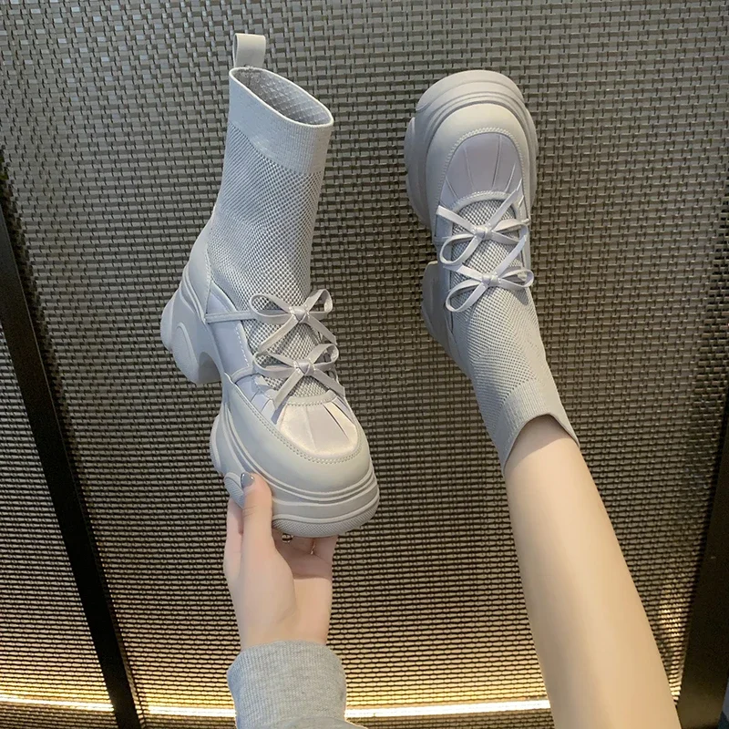 

Winter Comfortable Round Toe Women's Booties Bow Platform Heightened New Mid-Tube Stretch Boots