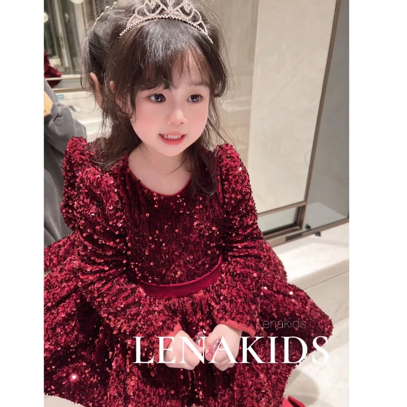 Spring New Year Stylish Shiny Big Bow Dress Flower Girl Dresses Party Dress for Kids Girl Christmas Girls Dress