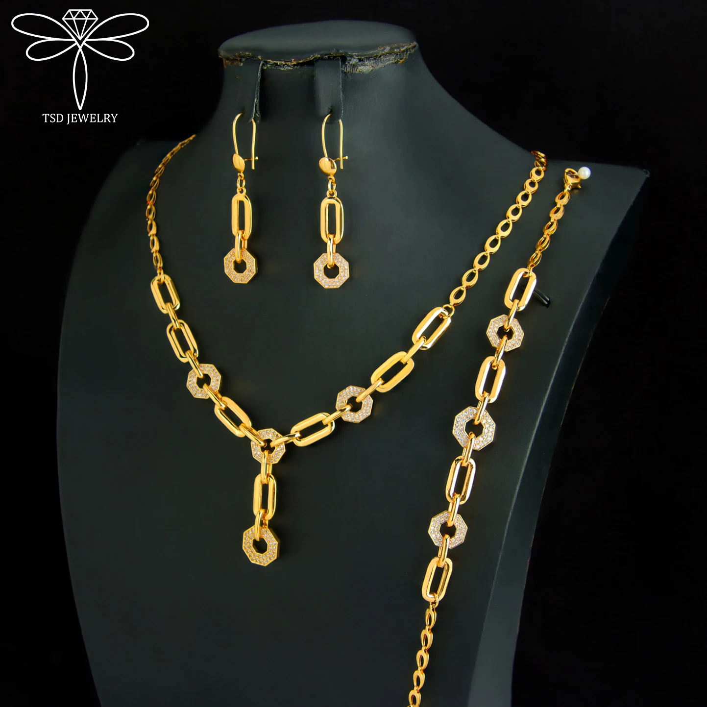 

Dubai Fashion Jewelry Set 21k Gold Plated Italian Zirconia Necklace Bracelet Earrings Arabic Women Vintage Daily Party Jewelrys