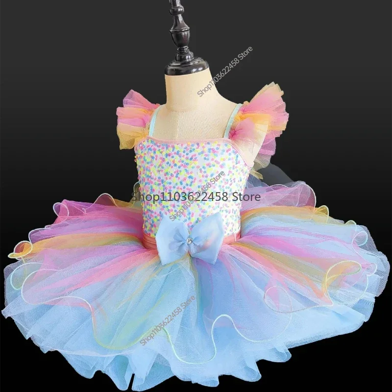 Children Ballroom Clothing Sequined Ballet Tutu Dress Girls Rainbow Color Modern Performance Clothing Wear Ballet Princess Dress