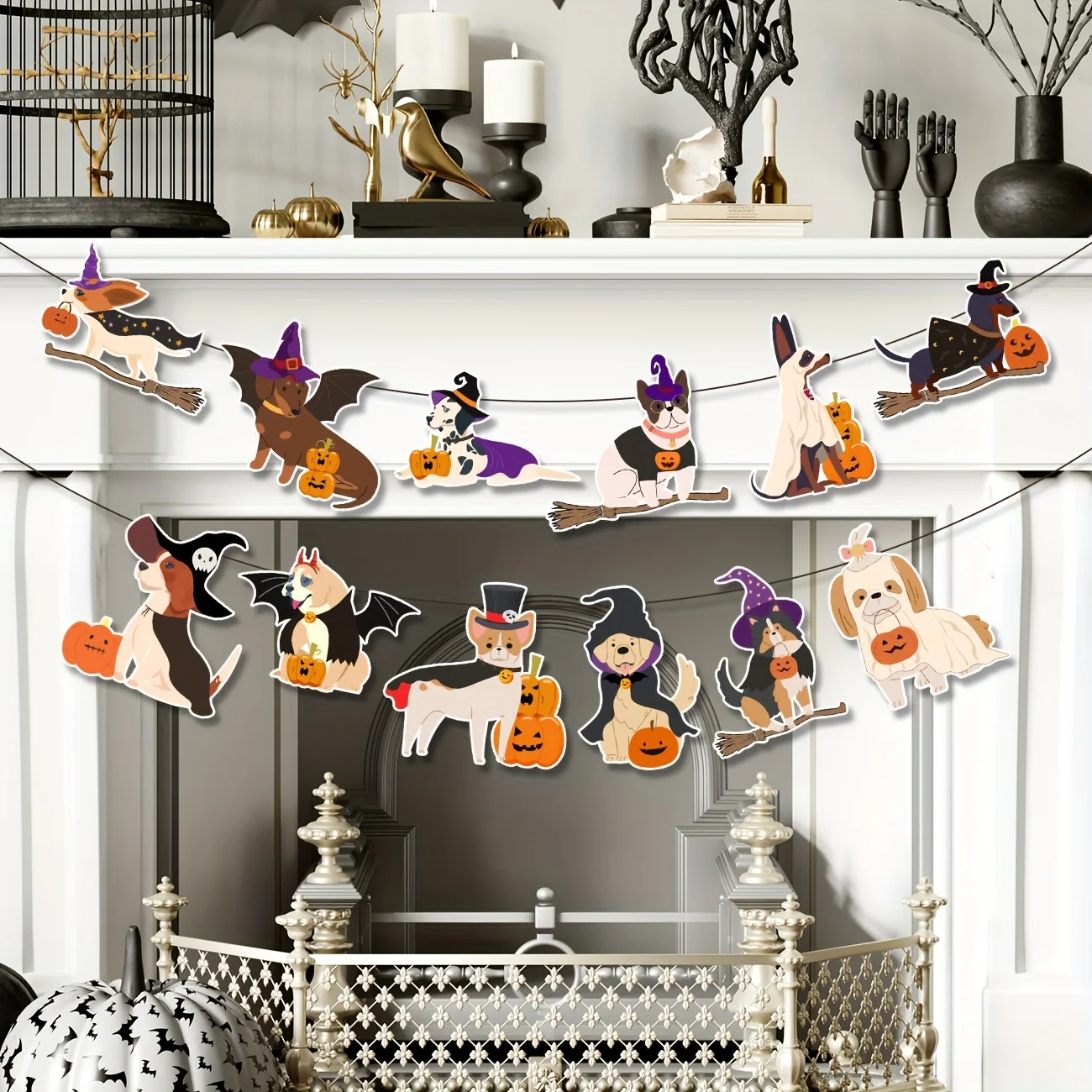 Halloween-Party-Banner, Halloween-Hundegirlande, Wimpelkette, Banner, süßer Hexenhut, Kürbis, Welpe, Hunde-Hängebanner für Halloween
