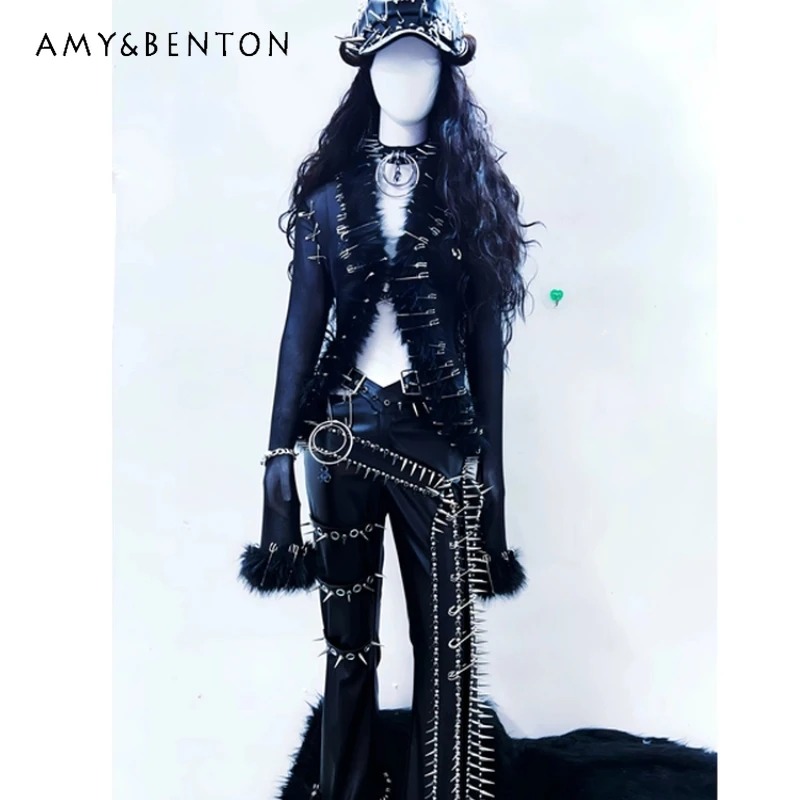 

Autumn New Halloween Women's Clothing Gothic Design Leather Hairy Edges Splicing Coat Sweet Cool Rivet Long Pants Set Ladies