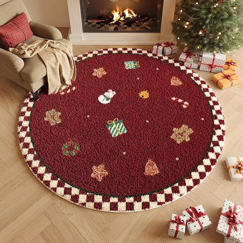 Floor Mat for Living Room Sof Comfortable Faux Cashmere Carpet Retro Burgundy Checkered Round Christmas Rug Home Decoration Rugs