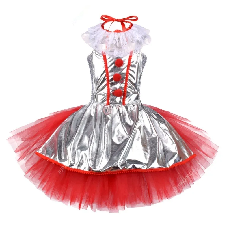 

Silver Clown Circus Costume For Girls Funny Joker Halloween Tutu Dress For Kids Birthday Carnival Party Outfit Children Clothes