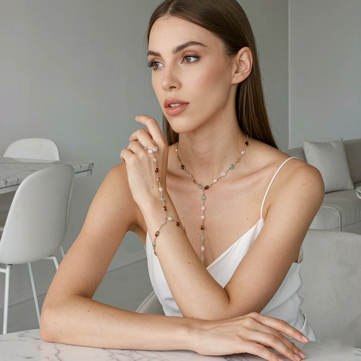 Buntes ovales Harz-Splice-Y-Drop-Halsketten- und Fingerarmband-Set für Frauen, eleganter Vintage-Geometrischer Langer Quasten-Choker-Schmuck – Detail 5