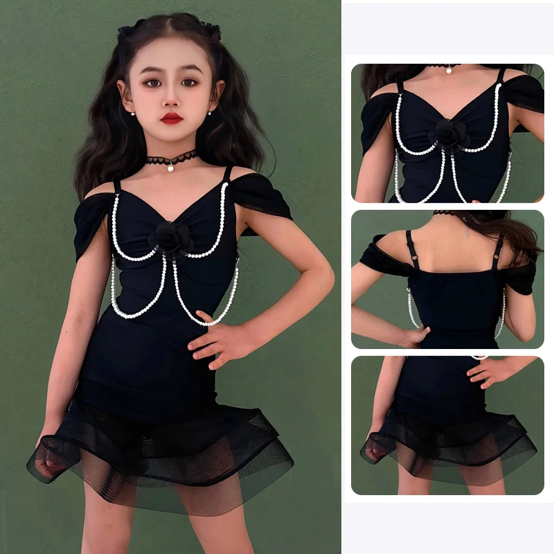 

Latin Dance Suit Summer Girls Performance Costume Pearl Black Bodysuit Mesh Rufflle Skirt Kids Cha Cha Practice Clothing AMY2007