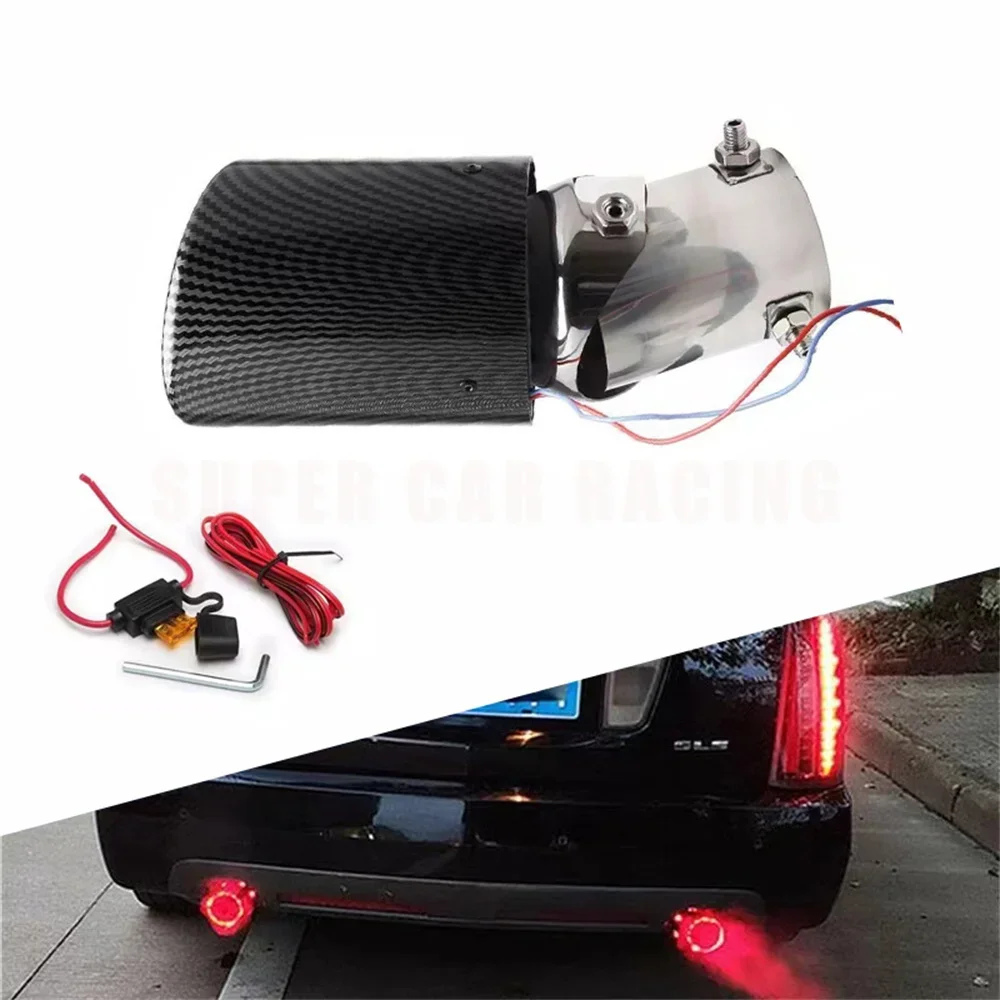 Universal Car LED Exhaust Muffler Tip Tail Pipe Carbon Fiber Red/Blue Light Car Refit Single Outlet Throat Exhaust Pipe