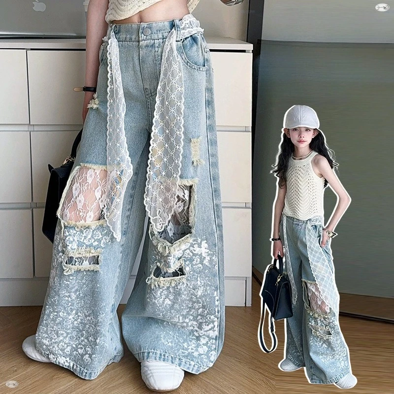 

Kids Stylish Streetwear y2k Jeans For Girl Lace Drawstring Denim Pants Child Fashion Hip Hop Ripped Jeans Trousers with Holes