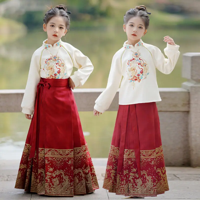 2024 New Girl's Hanfu Chinese New Year's Clothing Children's Winter Warm Tang Suit Kids Plus Velvet Embroidery Party Dress Suit