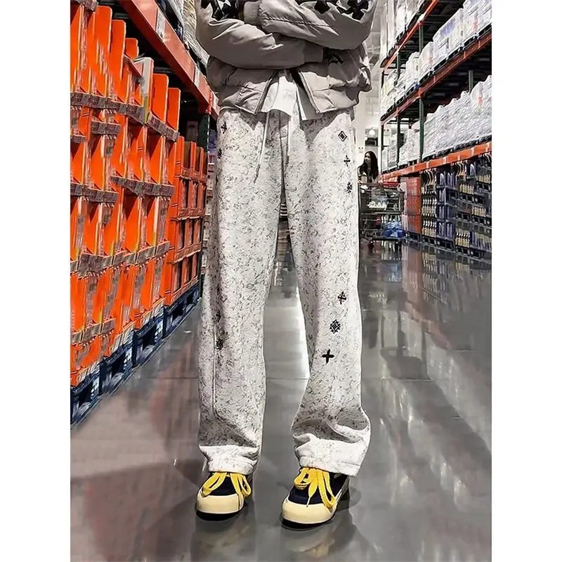 

Модные спортивные повседневные брюки с вышивкой и эффектом тай-дай для мужчин, осенне-зимние, утепленные, широкие, прямого кроя