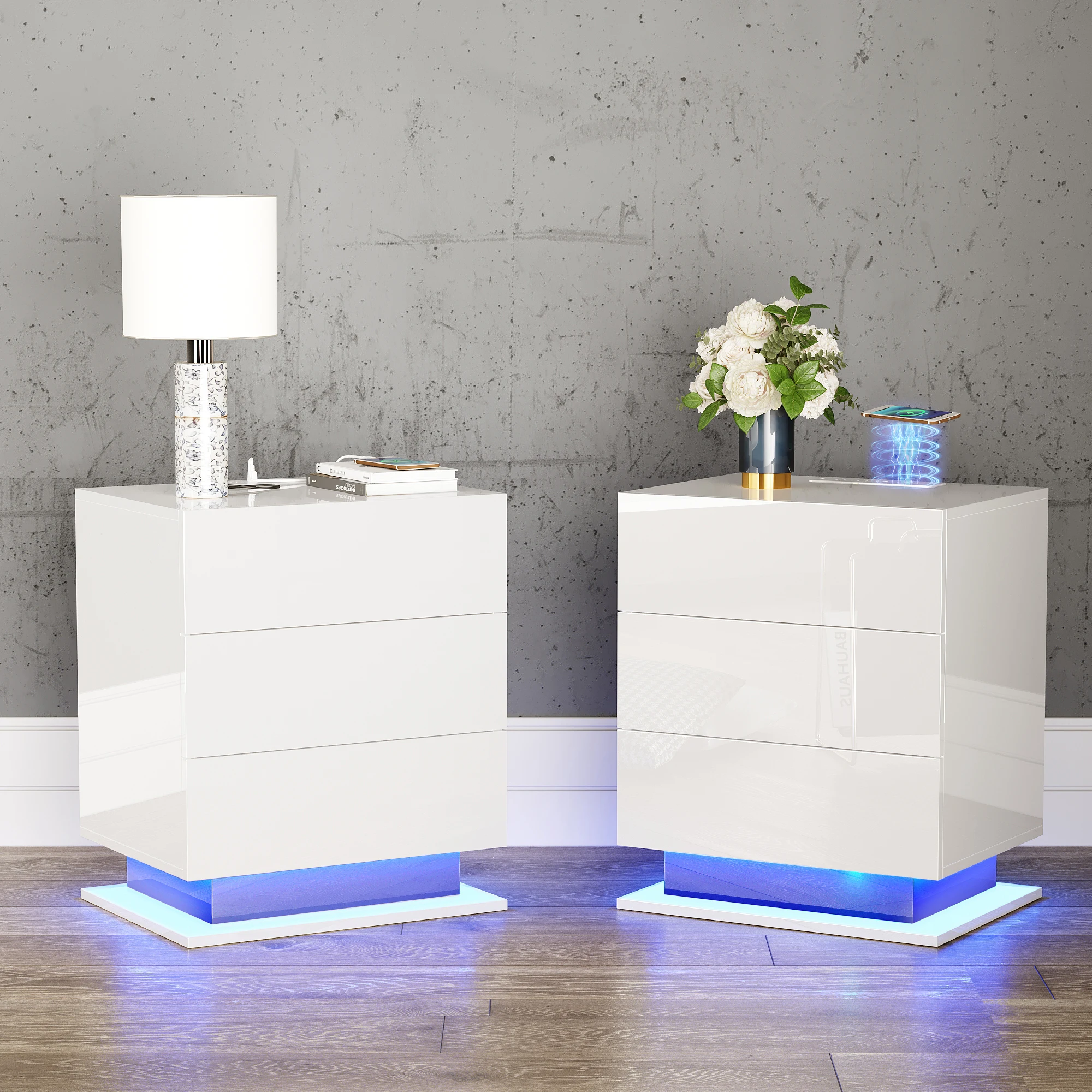 Bedroom Nightstand Set of 2 with LED Lights & Wireless Charging Station, 3 Drawer End Table, High Gloss Modern Bedside Table