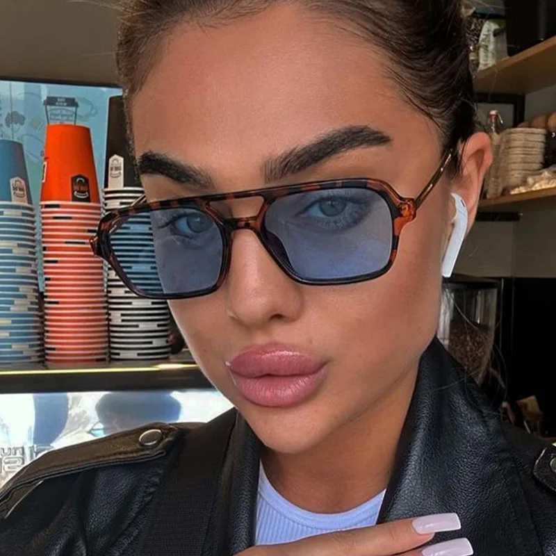 Retro Double Bridges Men Sunglasses Woman Square Fashion Blu