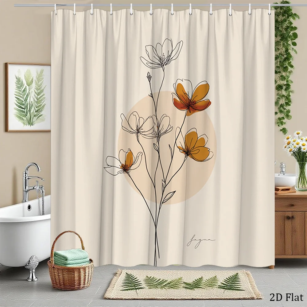 Aesthetic Floral Shower Curtain Boho Botanical Line Art Waterproof Bathroom Decor Privacy Curtain 180x200cm