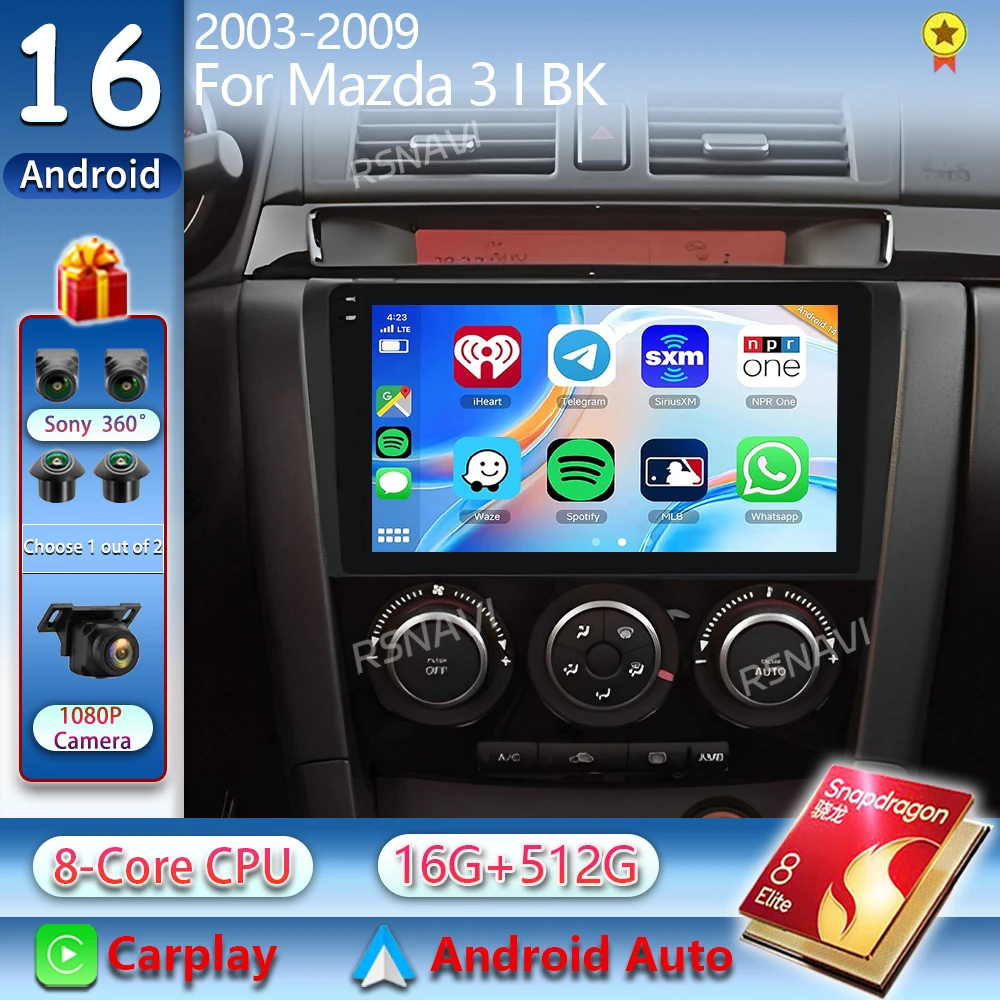 Android 16 For Mazda 3 I BK 2003 - 2009 2K QLED Car Radio Android Multimedia Video Player GPS Stereo CarPlay Head Unit 2din DVD