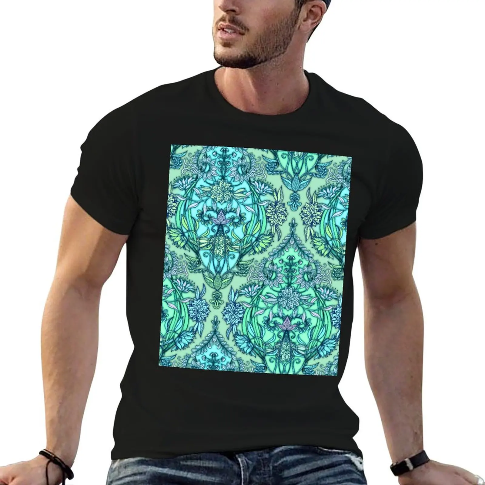 Botanical Moroccan Doodle Pattern in Mint Green, Lilac & Aqua T-Shirt Heavy Duty Casual Work Tee