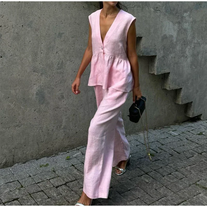 

Casual Pink Vest Pants Women Set Elegant V-neck Button A-line Vests Wide Leg Trousers Spring Summer Solid Fashion Lady Suit