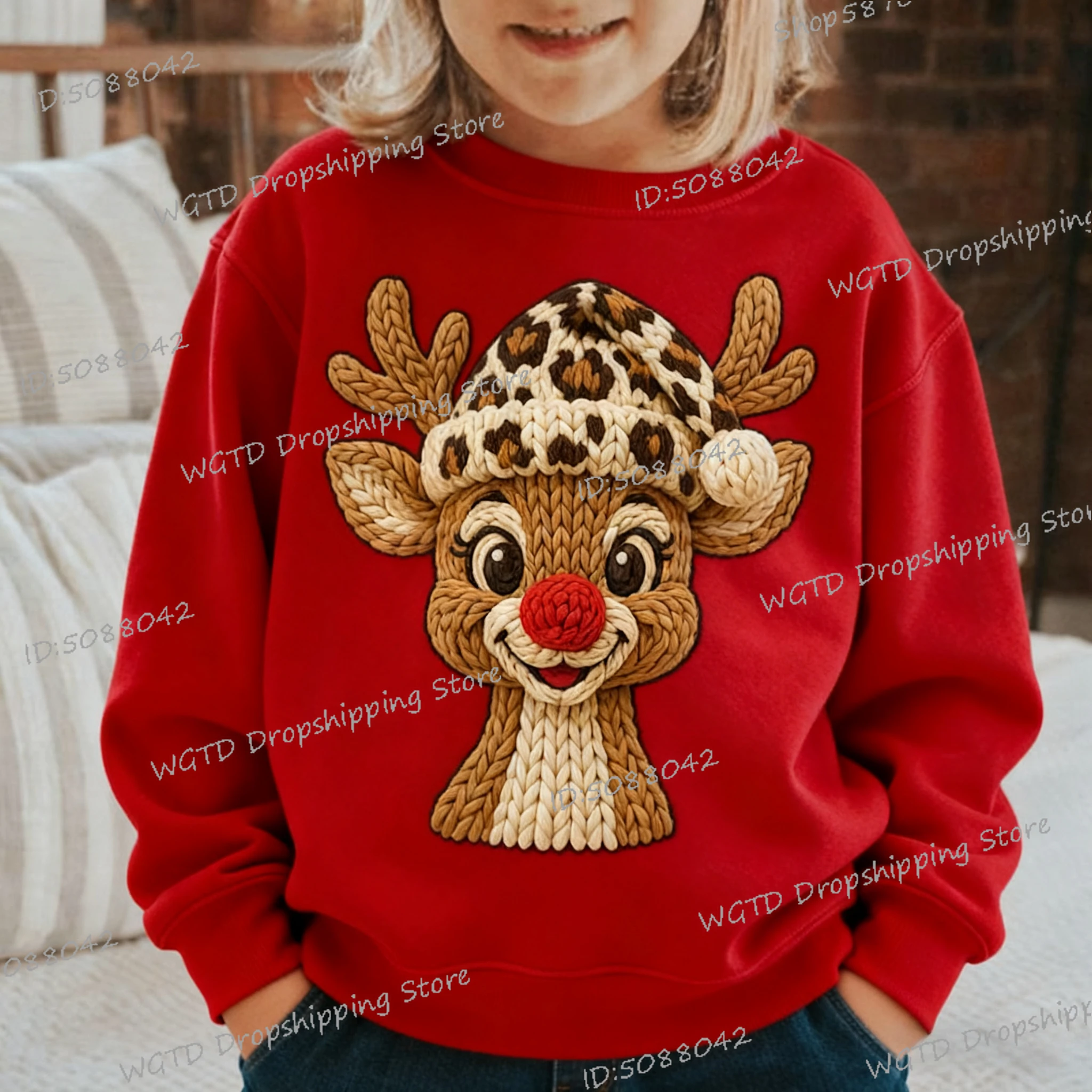 

2026 Merry Christmas Cute Deer Kids Sweatshirts Crochet Style Pattern Pullover New Year Boys Girls Casual Crewneck Sweatshirt