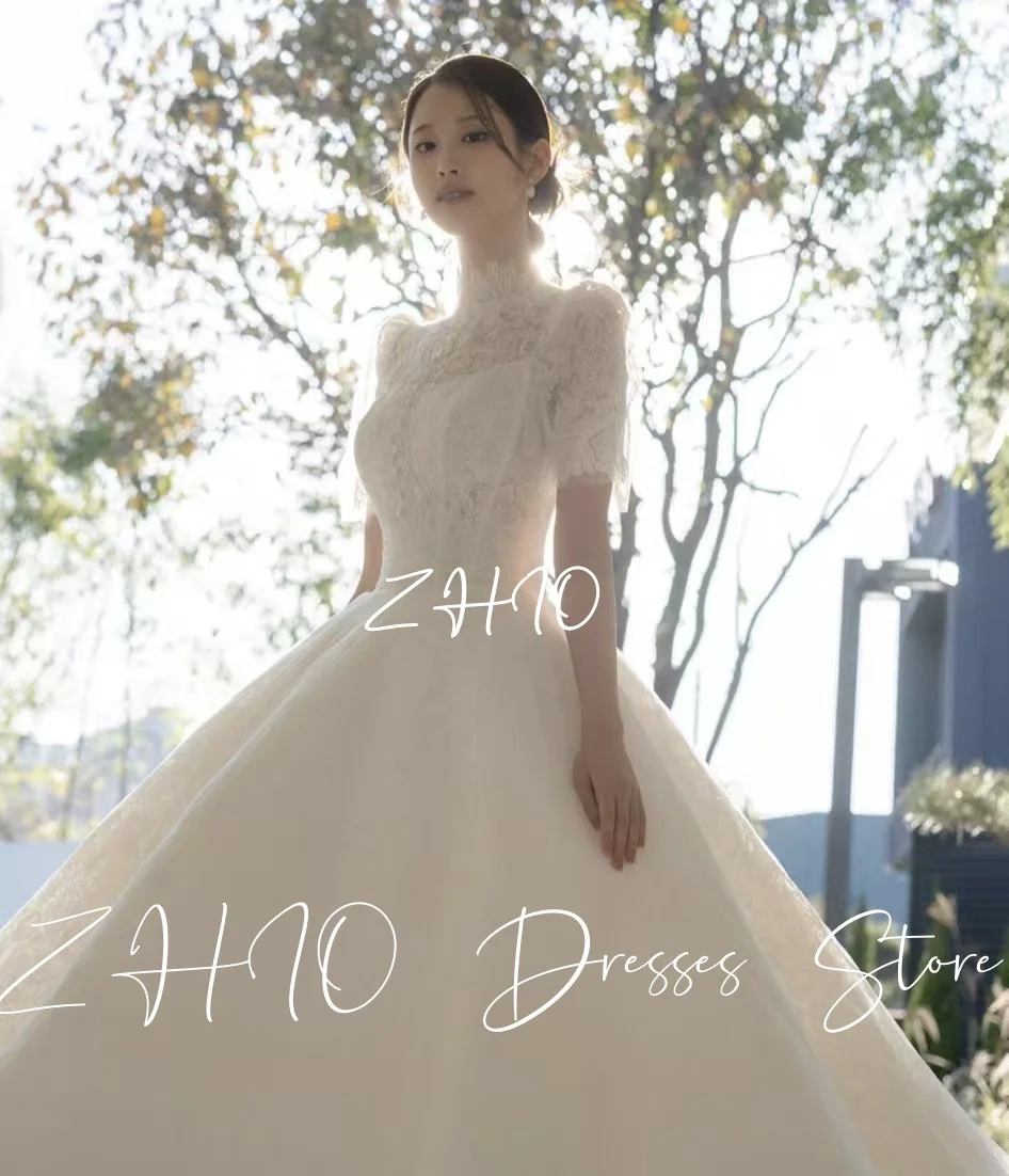 Zhi luxo marfim renda vestido de casamento alta pescoço mangas curtas a linha até o chão coreia sessão de fotos vestido de recepção de noiva personalizado