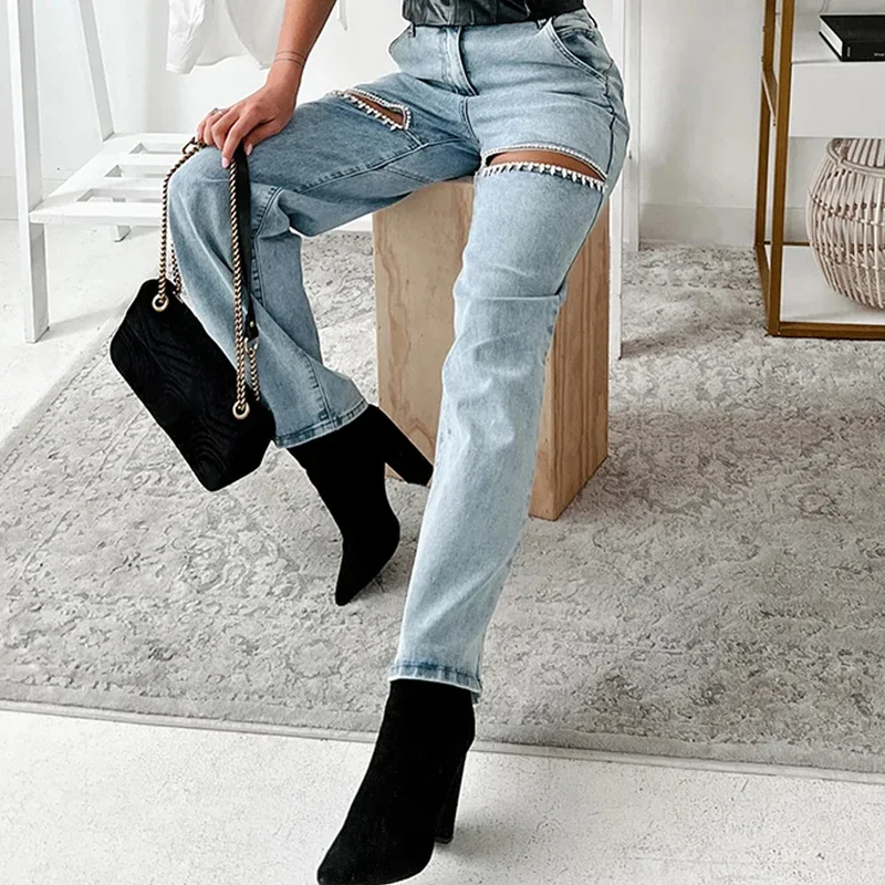 Women's Diamond Patchwork Slim Long Pants, Sexy Hollow Zipper Jeans, Casual High Waist Button Denim Trousers, Summer Fashion, 20