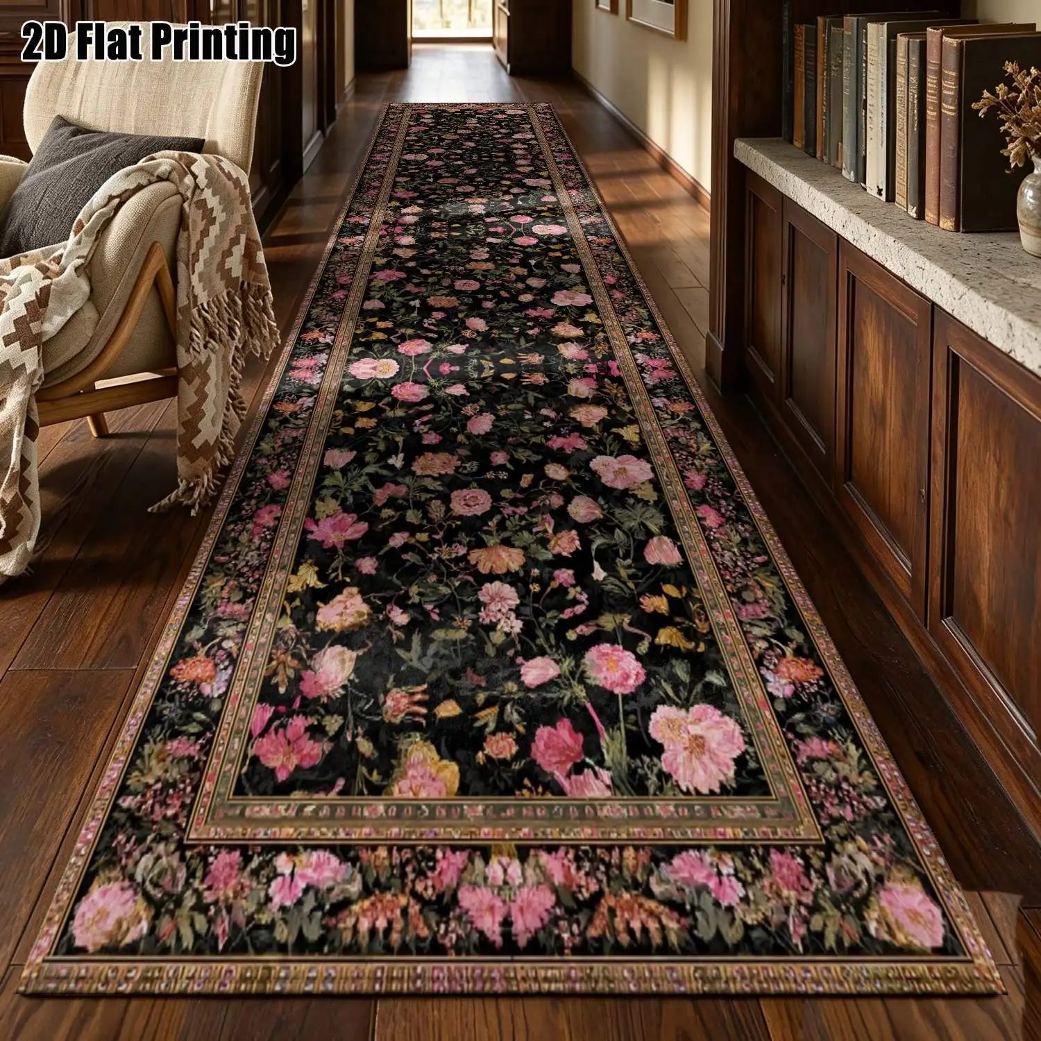 1Pc 2D Printed Long Strip Runner Carpet: Black Base, Pink Floral Pattern, European/Bohemian/Retro Geometric, Home Decor, Multiple Sizes, Machine Washable, Ideal for Entrance, Hallway, Bedroom, Living Room