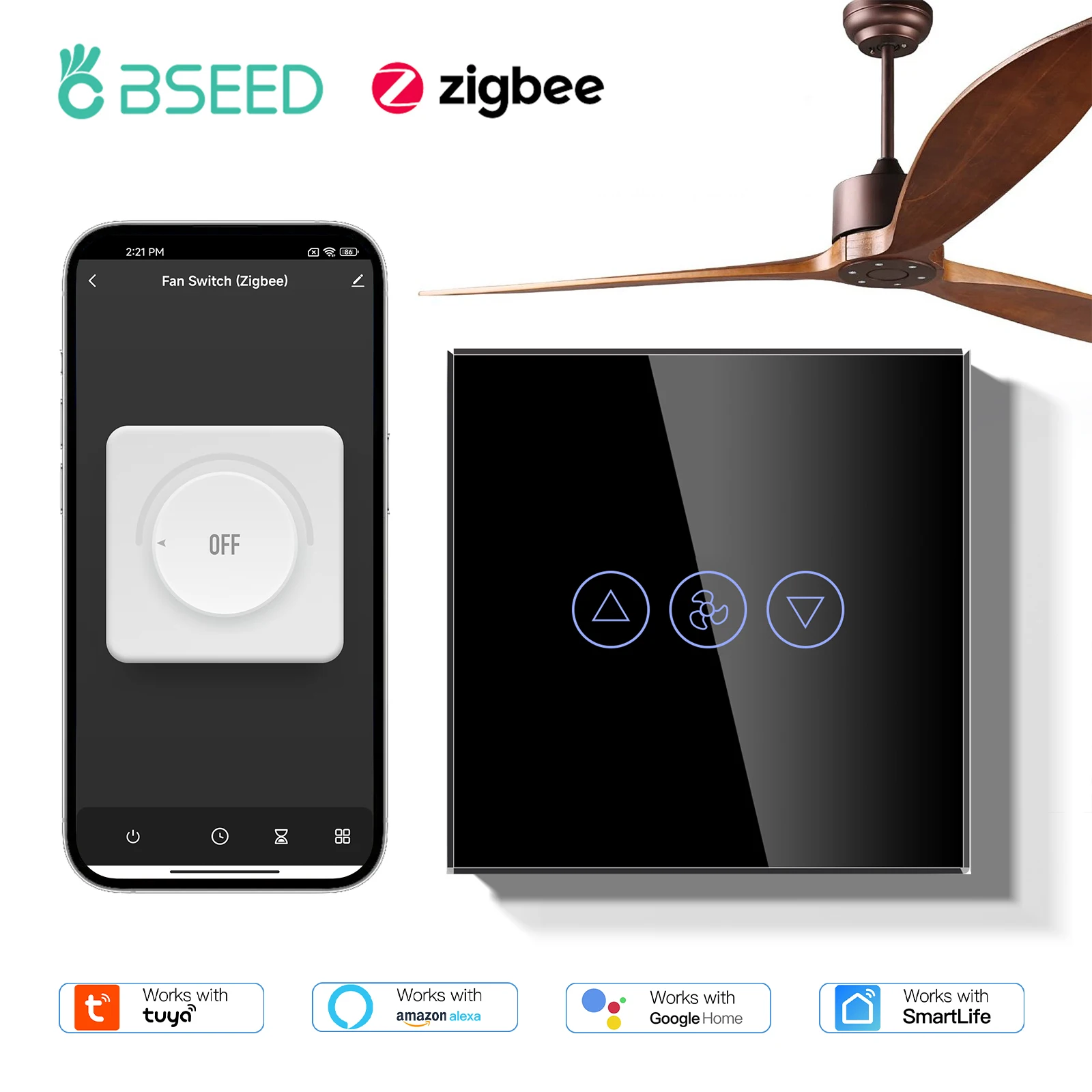 BSEED Zigbee Fans Switches Smart Wall Touch  Speed Control Switch With EU Socket Support Tuya Smart Life Alexa Voice Control