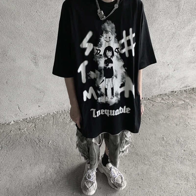 Anime Diablo Devil Girl Print Short Sleeve T-shirt Men's Women Couples Oversize High Street Gothic Punk Top Tshirts