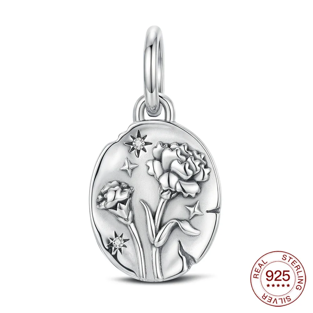925 Sterling Silver Charms Hammered Carnation Flower Tag Pendants Beads Fit Original Bracelet Charm DIY Jewelry Gift For Woman