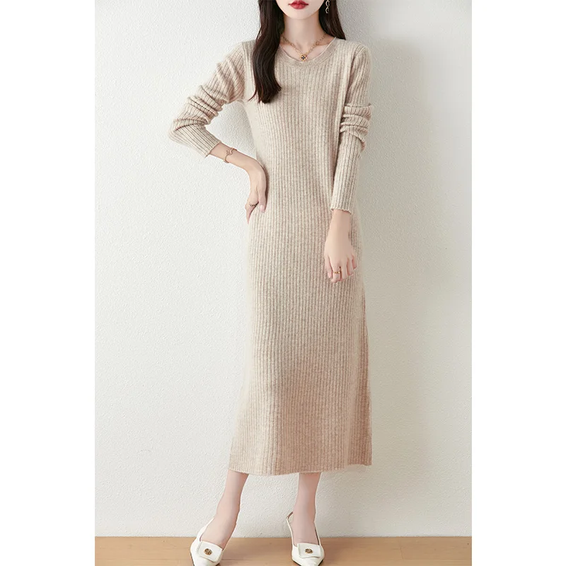 Women Dress 100% Wool Knitted Jumpers 2024 New Fashion Winter O-neck Loose Dresses Female Mid-calf Pullovers