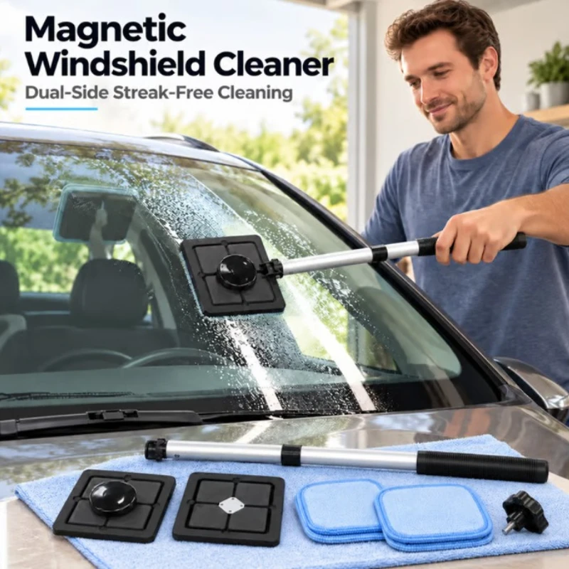 Magnetic Car Inside and Outside Windshield Cleaner Extendable Handle Detachable Pads Streak-Free Windshield Brush Kit