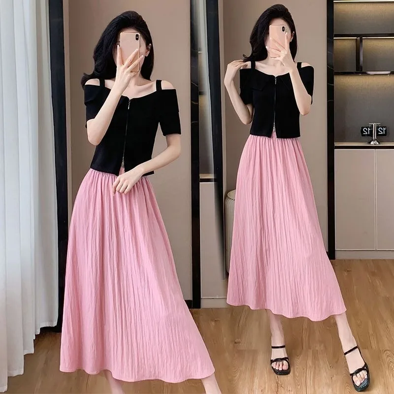 

Women's Summer Slim Zipper Off-Shoulder Black T-Shirts Skirts Two Piece Suits Lady Korean Graceful Short Sleeve Top Skirt Outfit