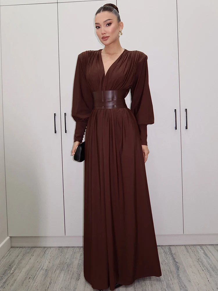 Sisterlinda Körperformendes Kleid für Damen, elegant, V-Ausschnitt, Schulter, gepolstert, gerüscht, Patchwork, klassisch, schlicht, Stretch, dünn, Maxi, figurbetont