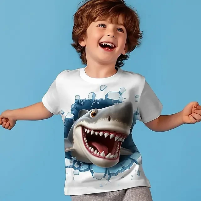 男の子用の3Dサメ柄Tシャツ,半袖,スポーツファッション,ポリエステル,ラウンドネック,カジュアル,毎日,子供,大人,夏