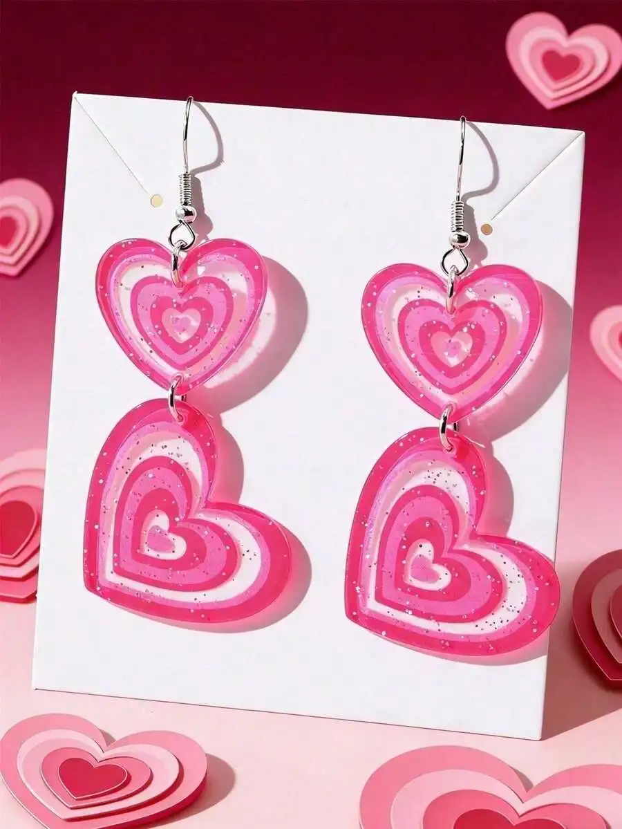 Hot Pink Heart Acrylic Drop Earrings For Women Valentines Day Casual Wear
