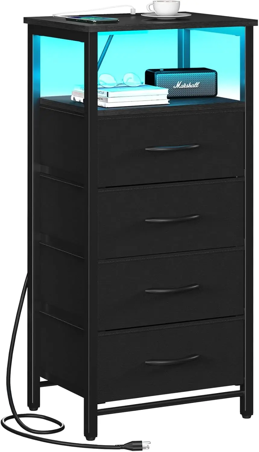 

LED Nightstand with Charging Station, 4 Fabric Drawers & Open Shelf, Bedside Table with USB Ports and Outlets