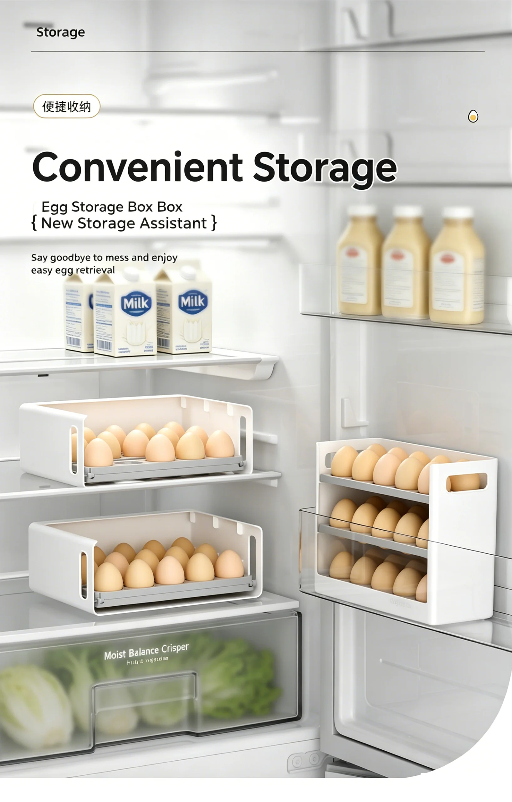 Neue Verbesserte Kühlschrank-Eier-Aufbewahrungsbox Faltbarer Seitentür-Kühlschrank-Eier-Organizer 30-Eier-Spender Aufbewahrungsbehälter – Detail 1
