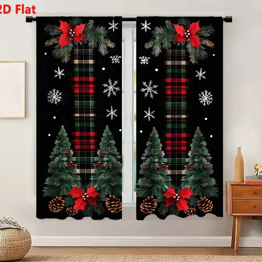 2Pcs Curtains 2D Flat Festive Holiday Design With Black Background Four Green Christmas Trees Red Berries Poinsettia Flowers Pin