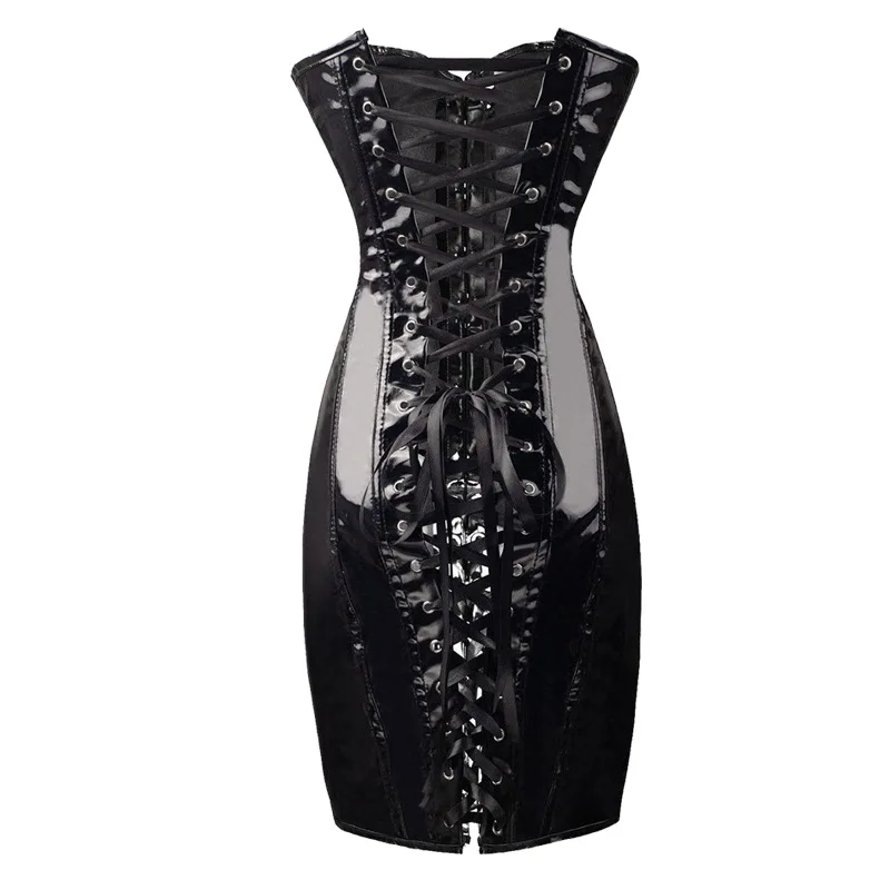 Kobiety Steampunk PVC Gorset Sukienka Body Slim PU Leather Gorset Gothic Punk Długi bez ramiączek Tors Bustier Club Winylowa sukienka lateksowa