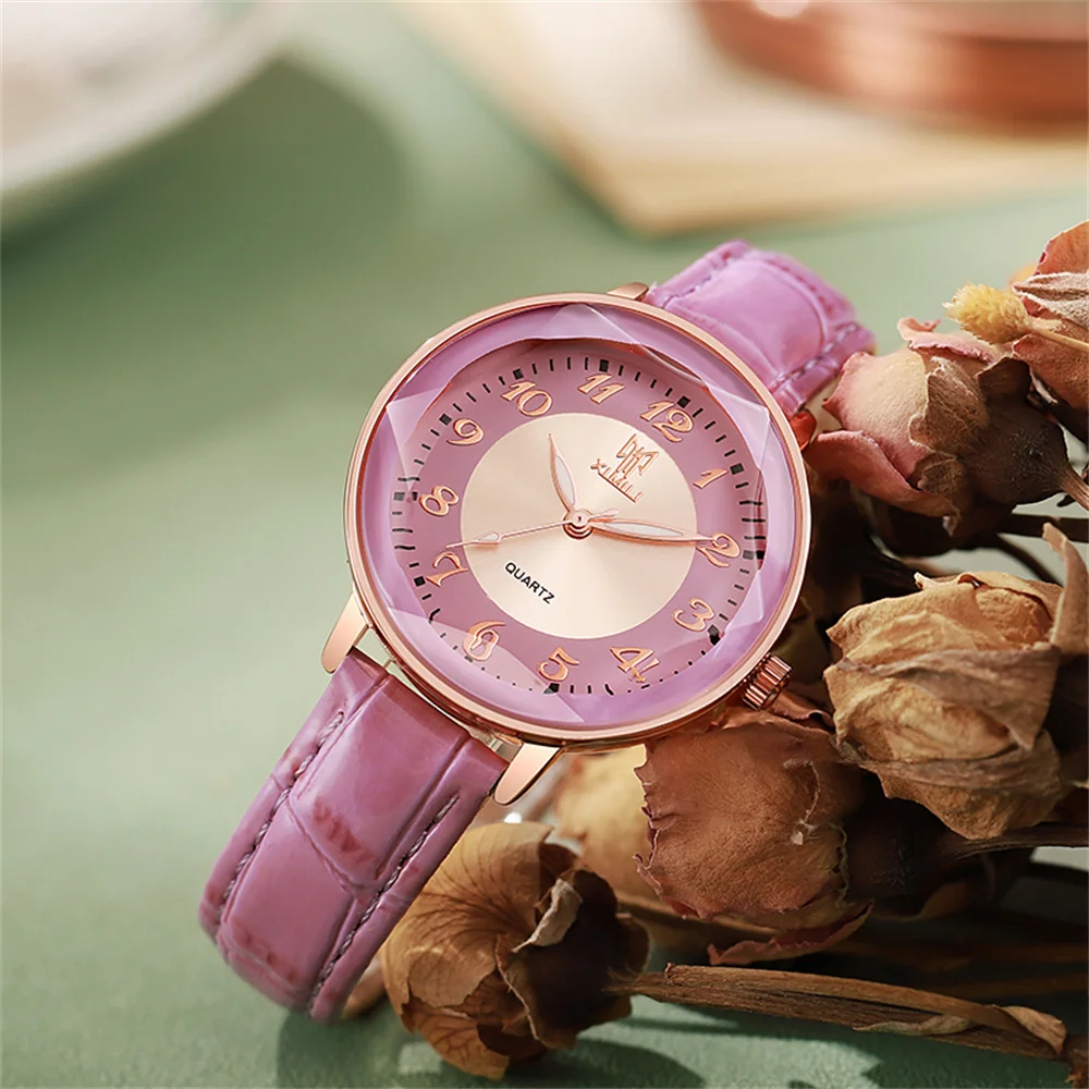 

Women's Watch Simple Arabic Numerals Quartz Watch Fashionable Pink Leather Lady Business Clock Wristwatch