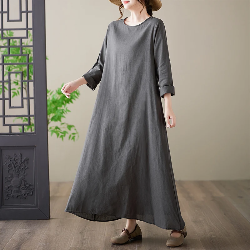 Loose Fit Algodón Lino Estampado redondo Ne Long Sve Tallas grandes Verano Vaion Dr Cómodo Transpirable Mujer Dr