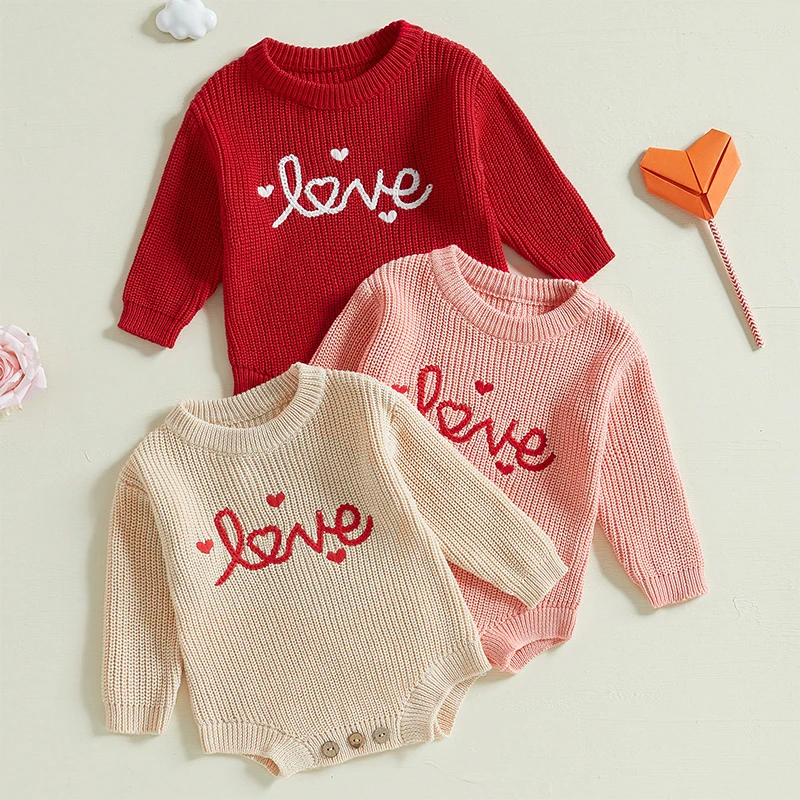 2024-10-11 Lioraitiin 0-18M Newborn Baby Girl Valentine’s Day Romper Long Sleeve O-Neck Letter Embroidery Knit Jumpsuit Outfit