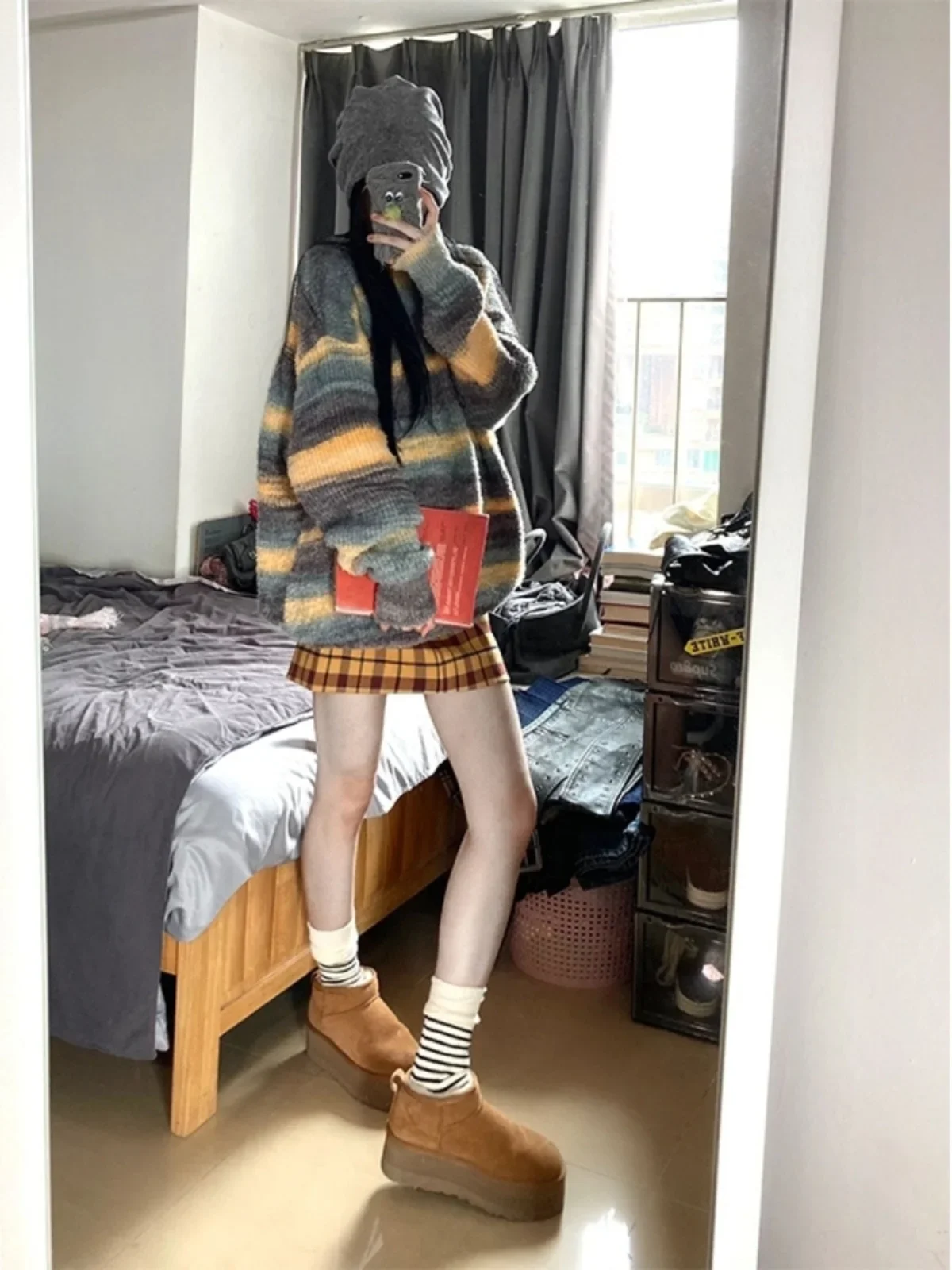 Autumn and Winter Hot Item Contrasting Stripes Lazy Style Soft and Sticky Hooded Knitted Sweater