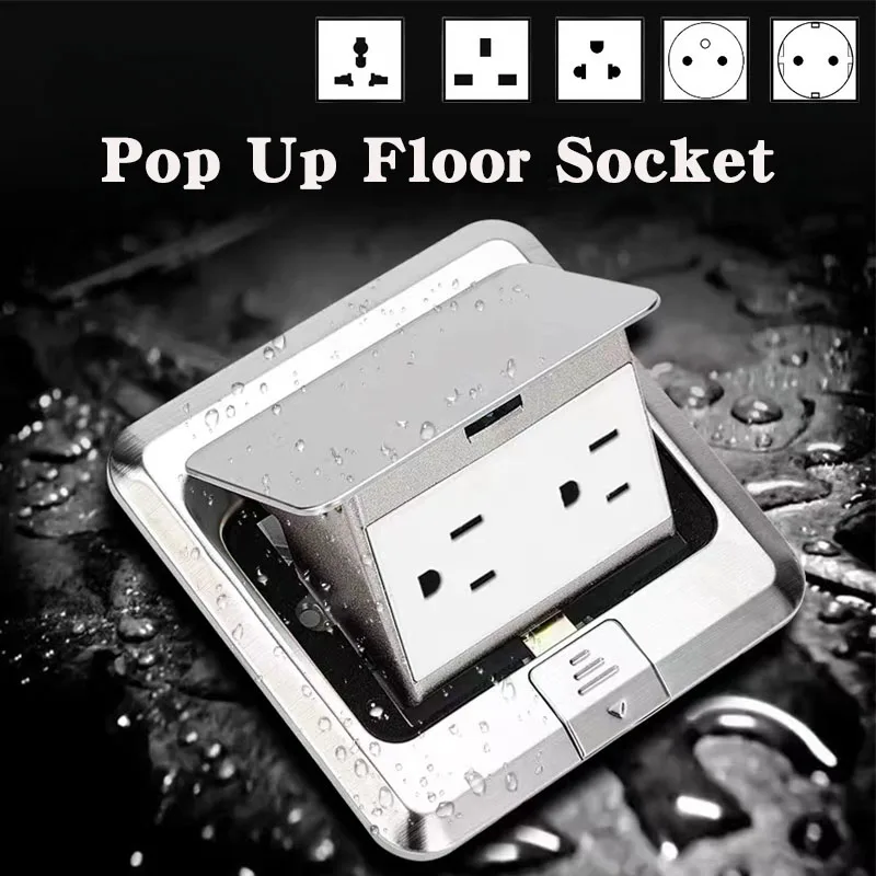 

100mm*100mm Pop Up Floor Socket EU/US/FR/UK/UN Plug Adapter Aluminum Alloy Outlet Box 110V-250V 16A Power RJ45 Hidden Socket