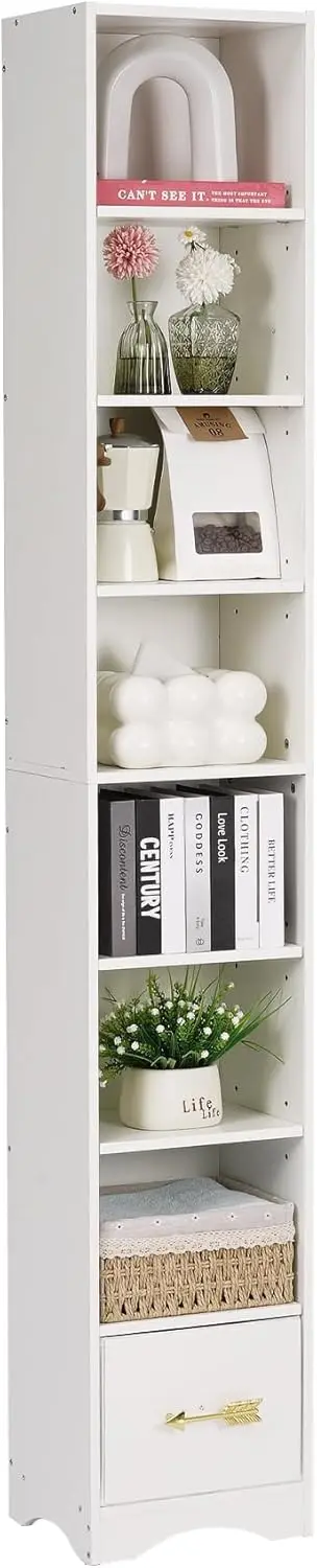 

8-уровневая узкая книжная полка — современные высокие, регулируемые полки, приподнятое основание и тканевый ящик | для владельцев дома/любителей книг