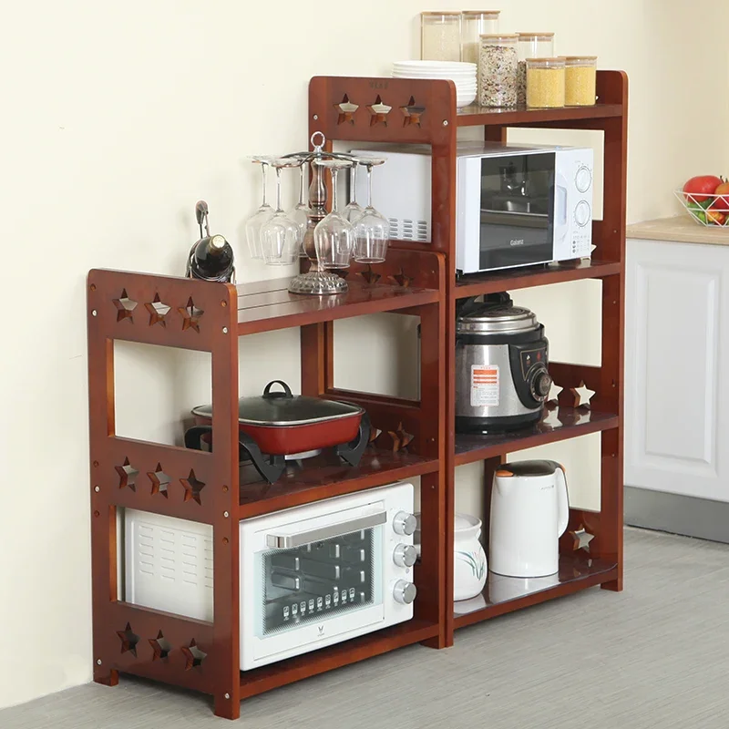 رف المطبخ، رف فرن الميكروويف متعدد الطبقات من الخشب الصلب من الأرض إلى السقف، خزانة منزلية لتخزين الأواني