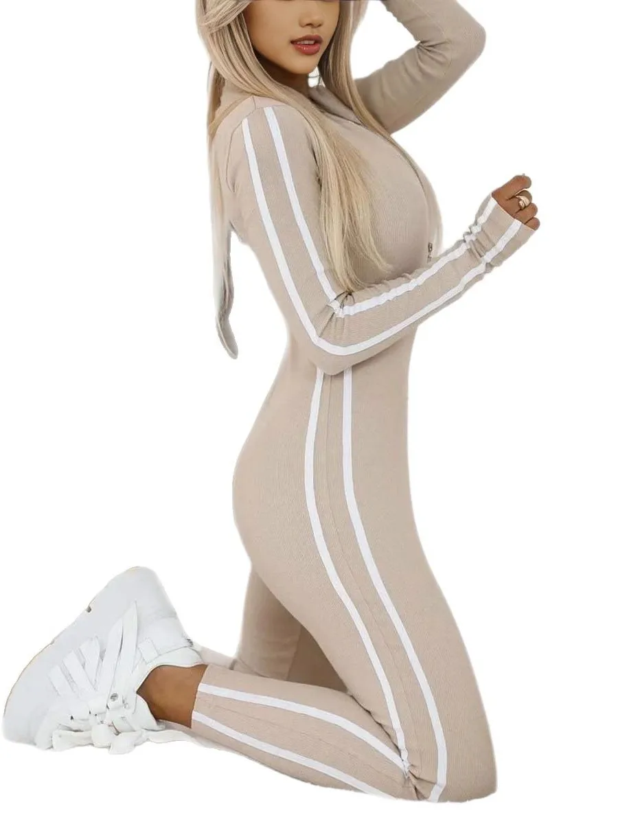 Slimfitting Longsved Jumpsuit for Women High Waist Zipper Long Sve ly Faion Polyester Pantsuit Versatile mid Waist